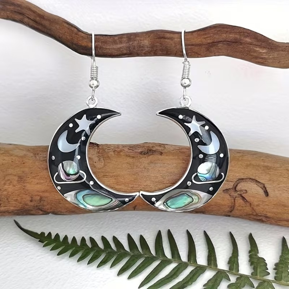 Retro Mysterious Universe Starry Sky Crescent Hook Earrings Boho‎ Witchy NEW - Picture 2 of 3